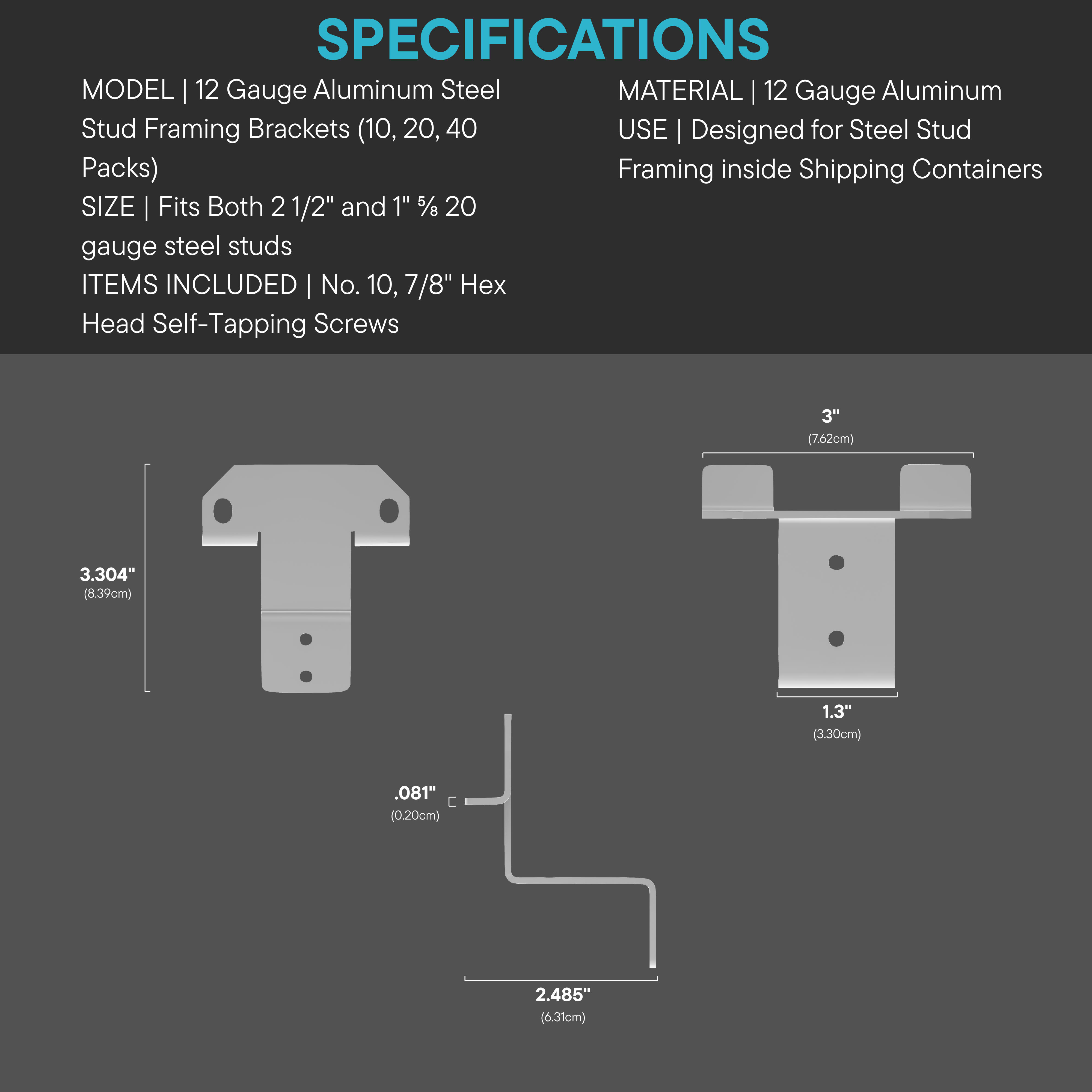 Specifications of 12 gauge aluminum steel stud framing brackets on a gray background