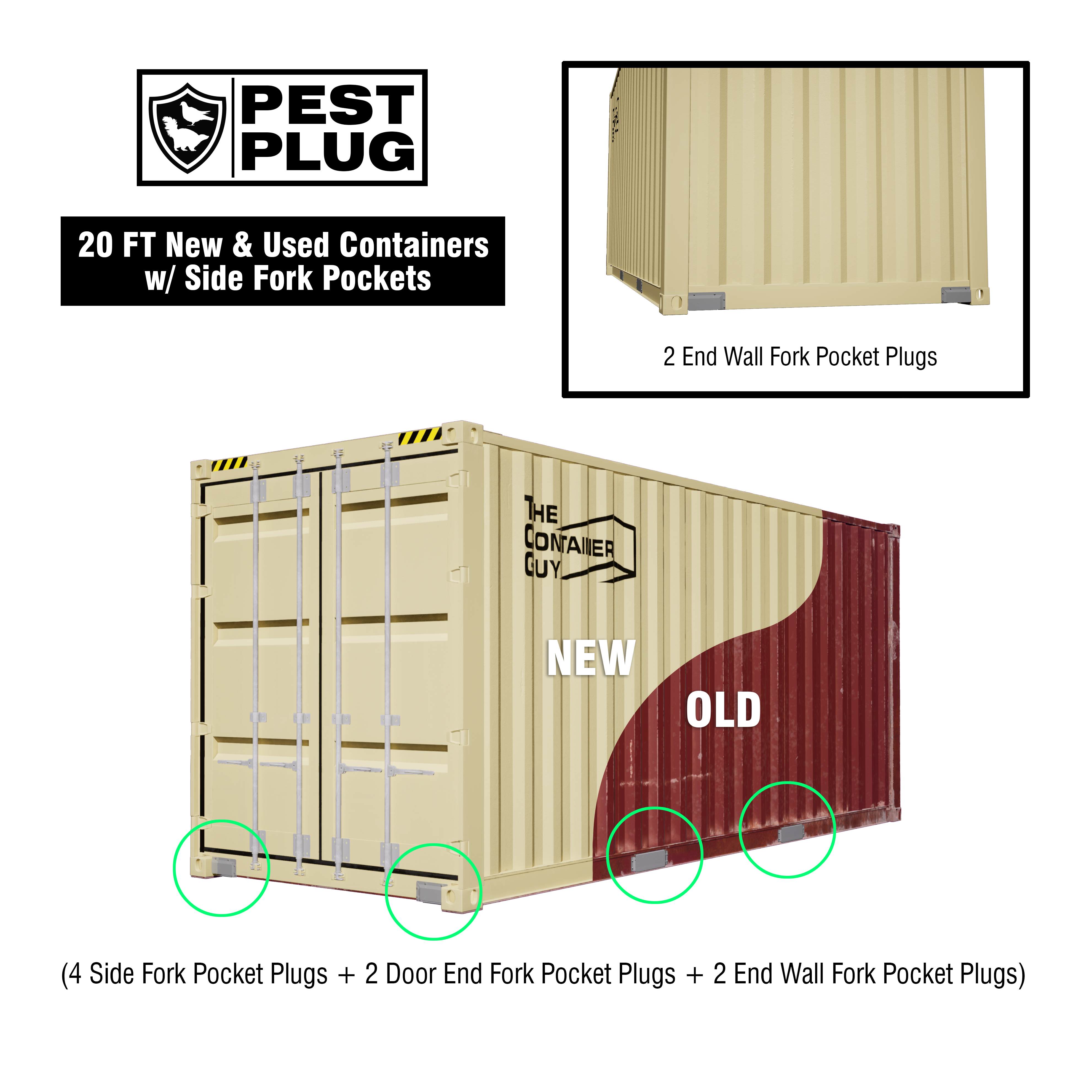 20ft shipping container with Pest Plug fork pocket covers installed to block rodents and birds – shown on both new and used containers