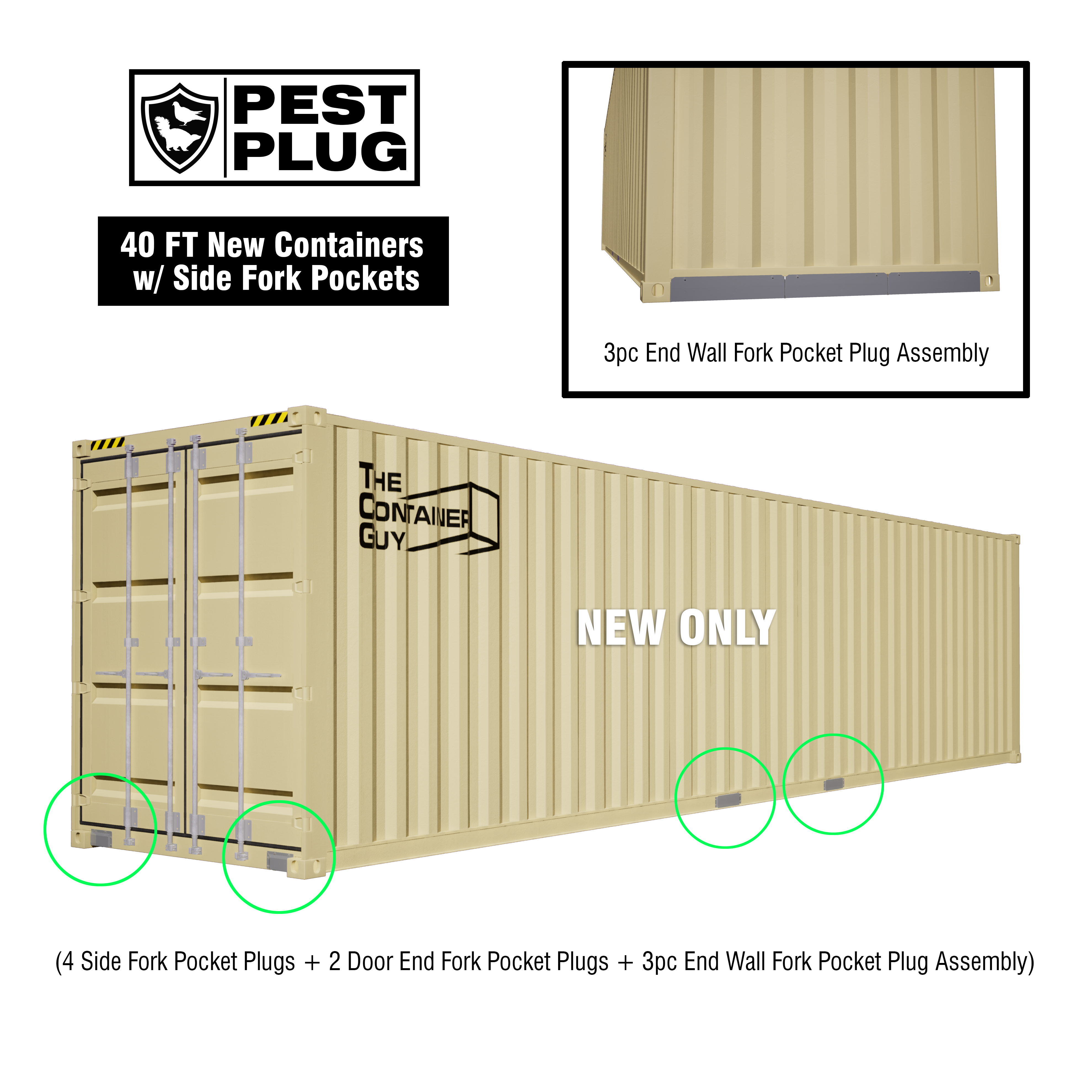 40ft new shipping container with full Pest Plug kit installed – includes 4 side fork pocket plugs, 2 door end fork pocket plugs, and a 3-piece end wall plug assembly