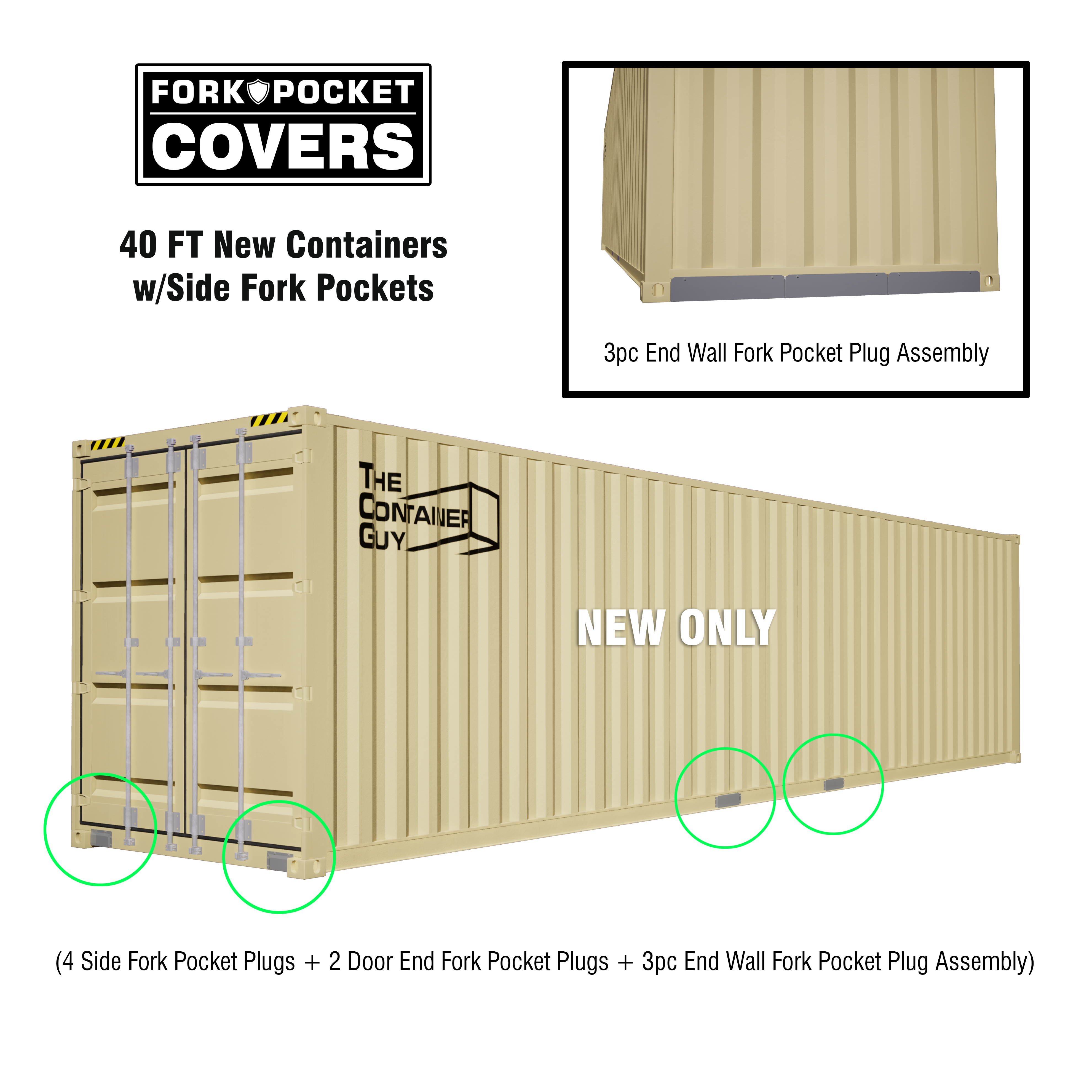 Fork pocket cover plates installed on shipping container undercarriage to seal forklift openings before spray foam application