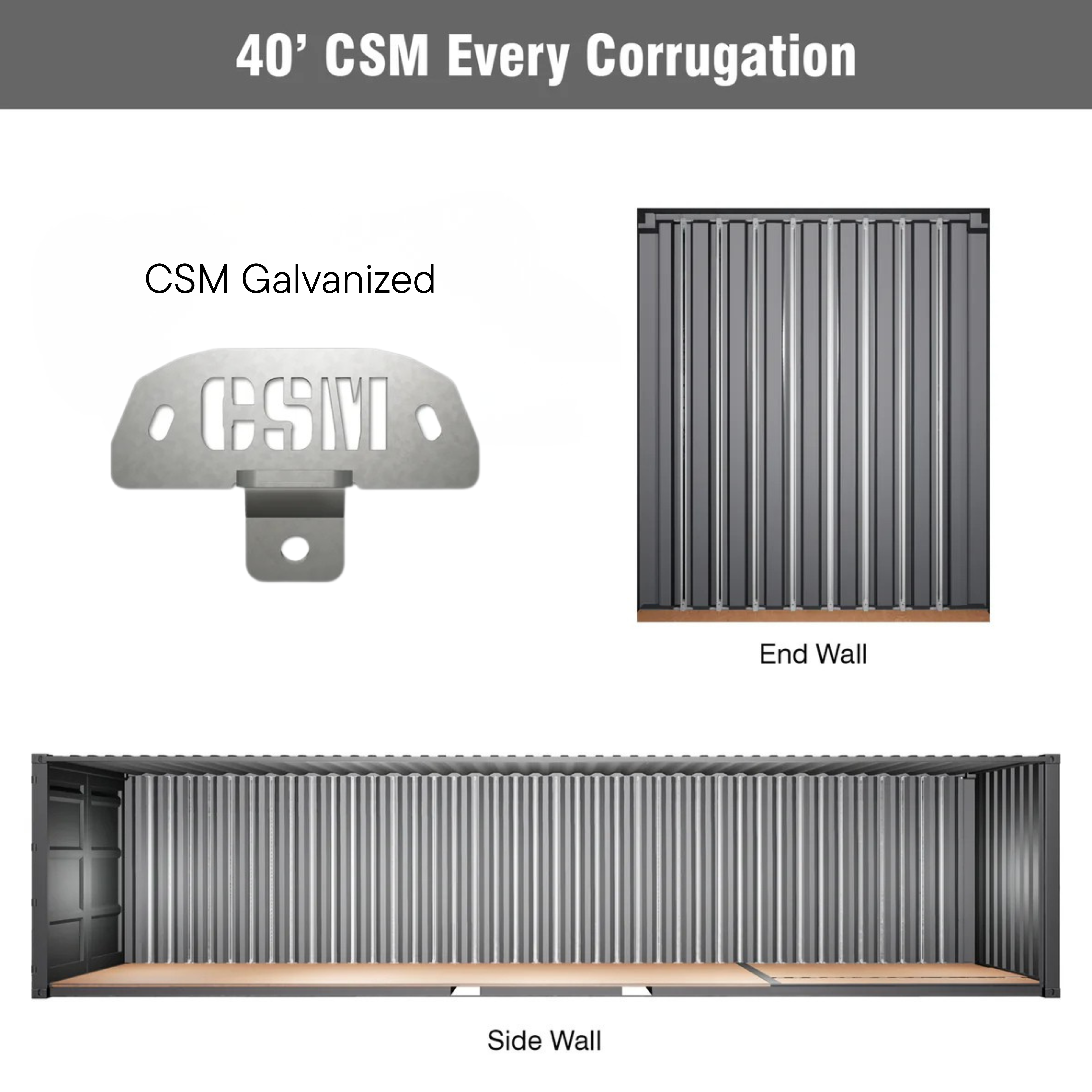 CSM Bracket configuration for 40' shipping containers with installation on every corrugation, featuring both black powder coated and galvanized bracket options with end wall and side wall mounting views