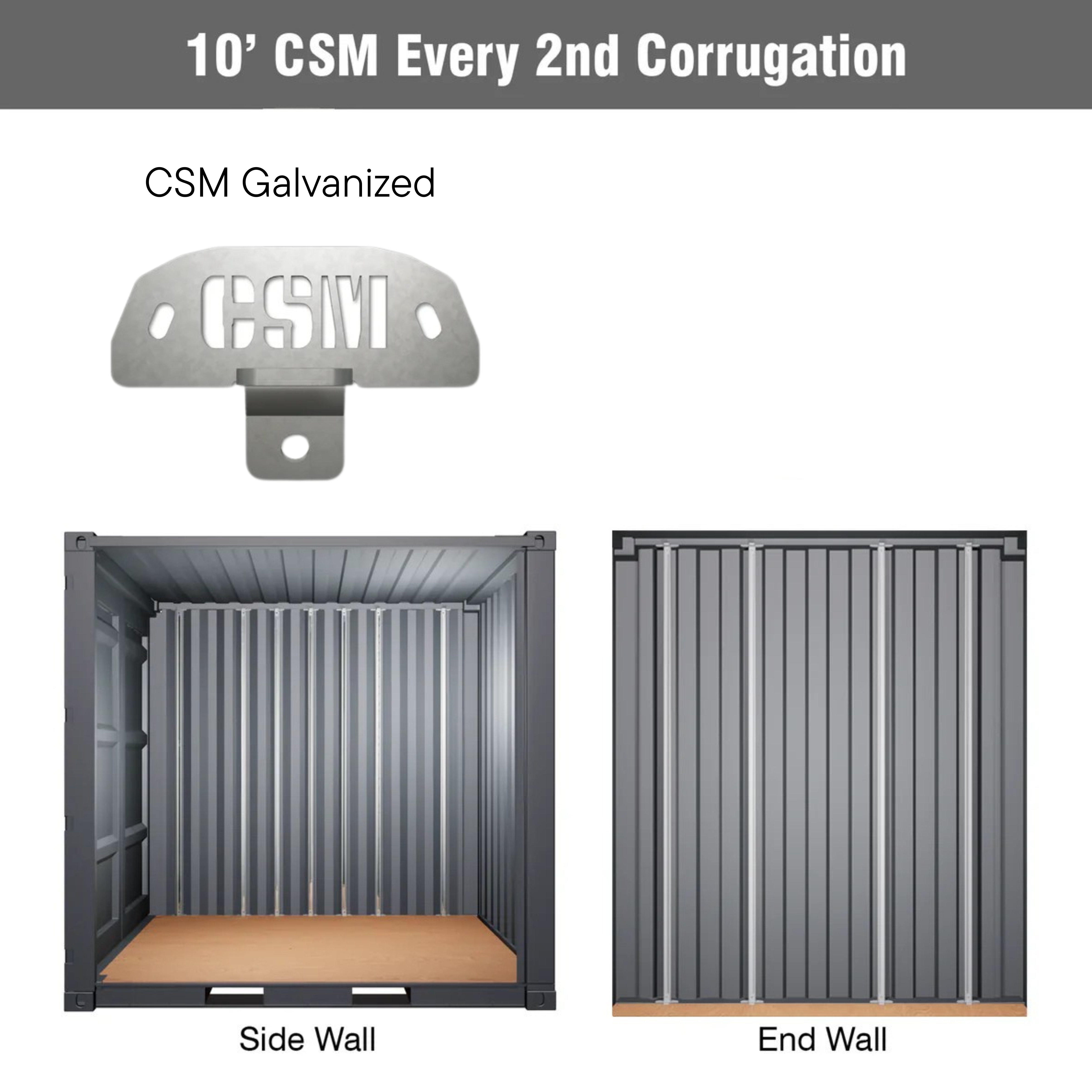 10-foot shipping container showing CSM Brackets installed on every second corrugation. The image displays both black powder coated and galvanized CSM bracket options, with visual installation examples on the container’s side wall and end wall