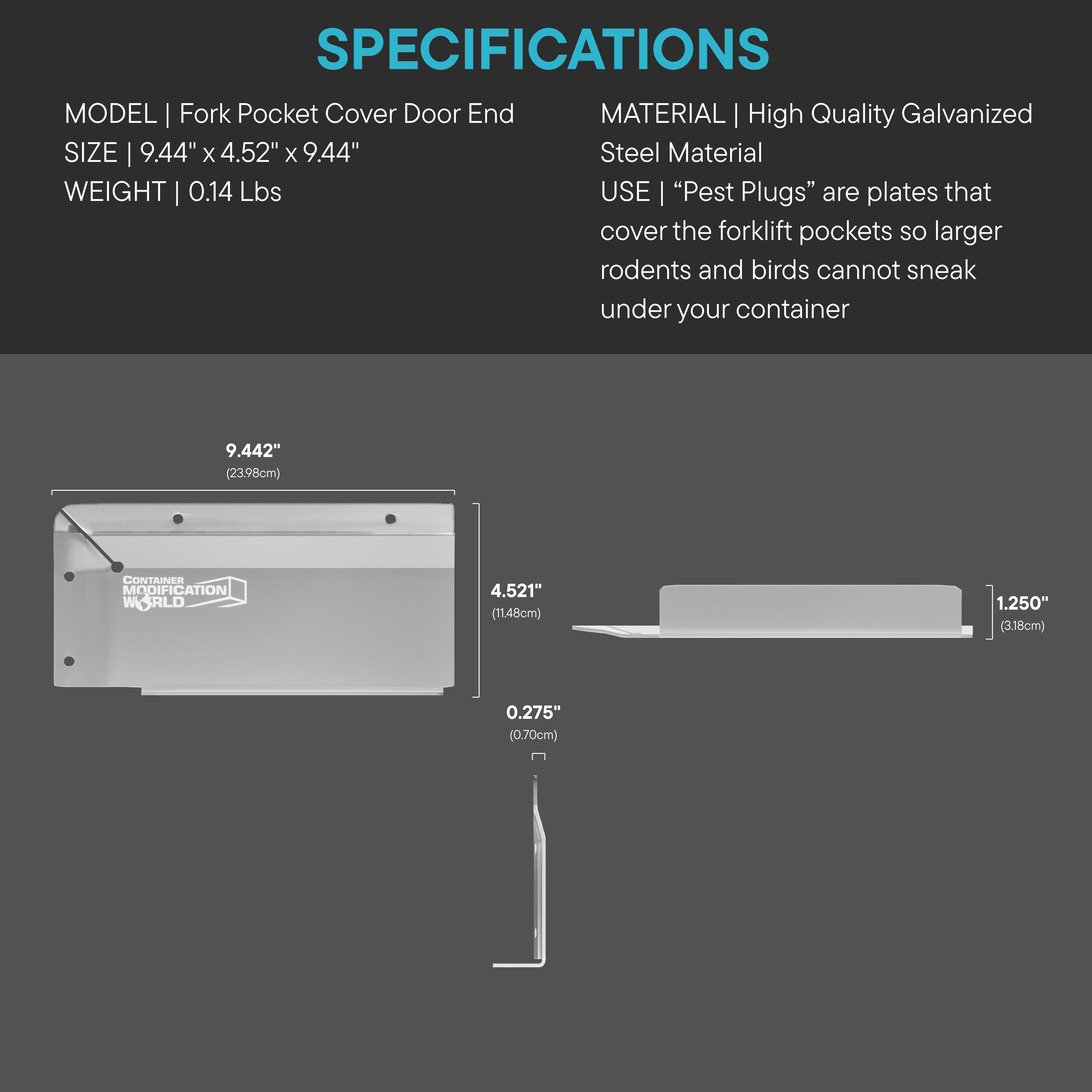 Technical diagram showing dimensions of door end fork pocket covers for shipping containers, including measurements for side, door end, and end wall plug components
