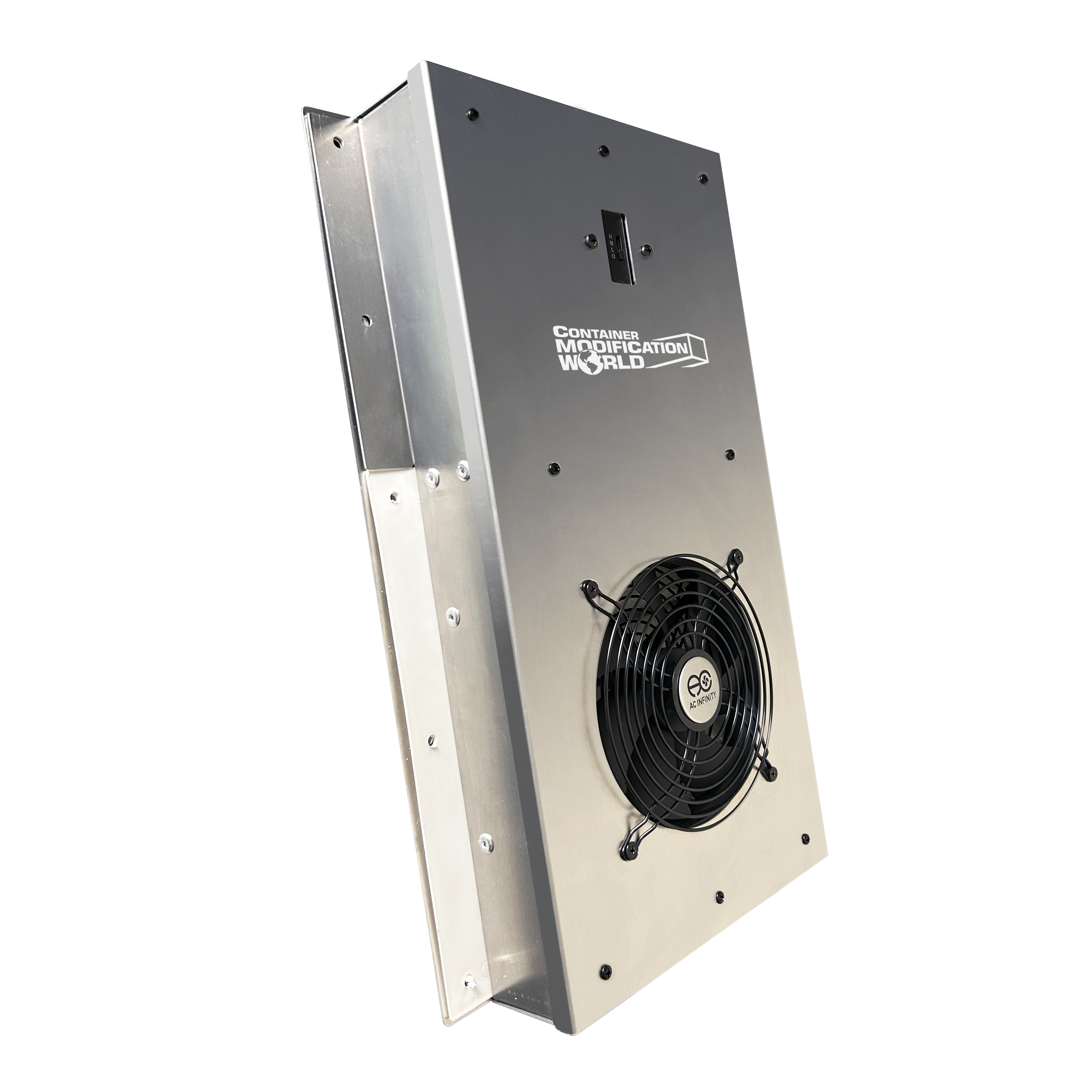 Rear view of the BigAir 57 CFM solar vent showing the AC Infinity fan and aluminum frame, designed for easy installation on shipping container walls and doors.