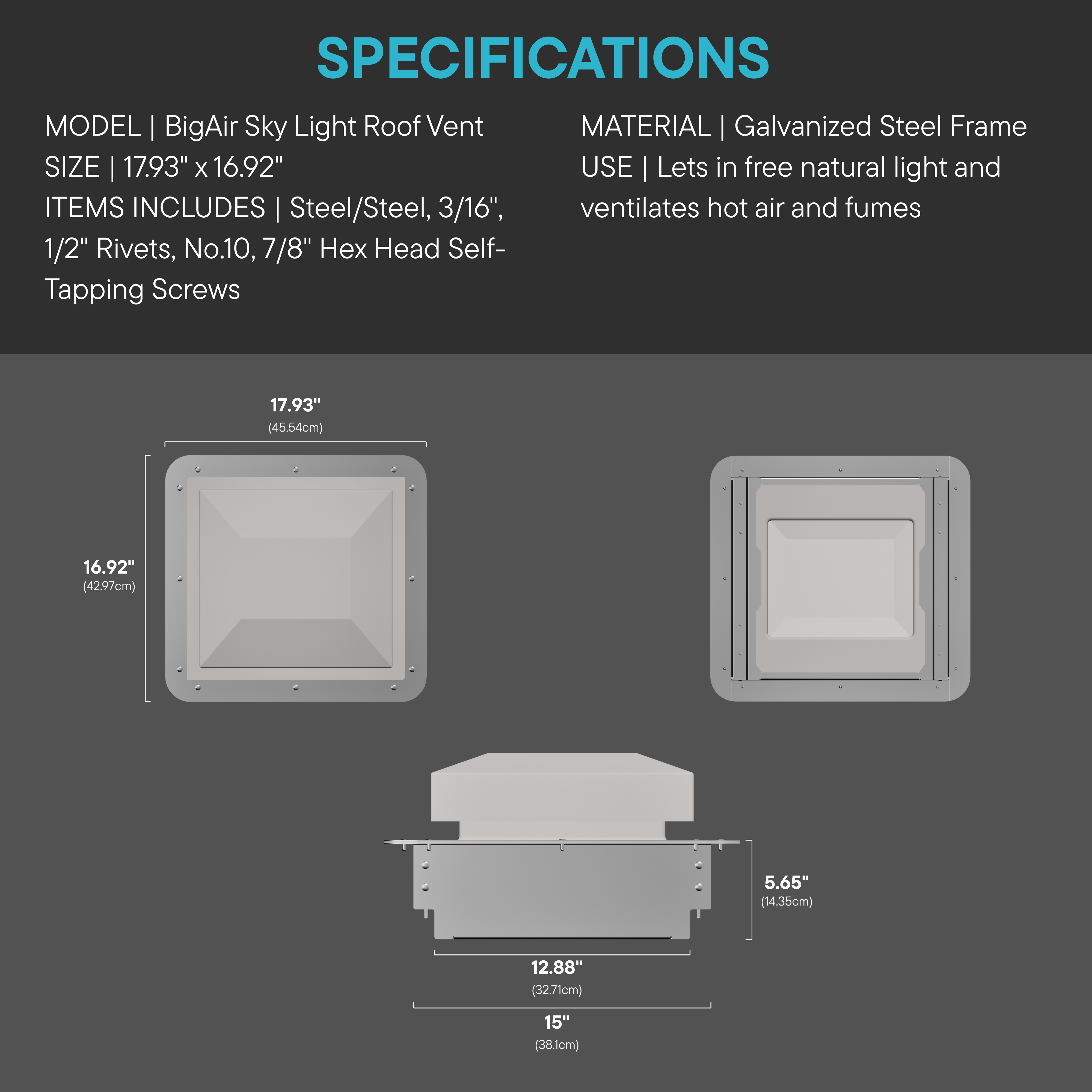 Specifications of BigAir Sky Light Roof Vent with dimensions and materials listed.