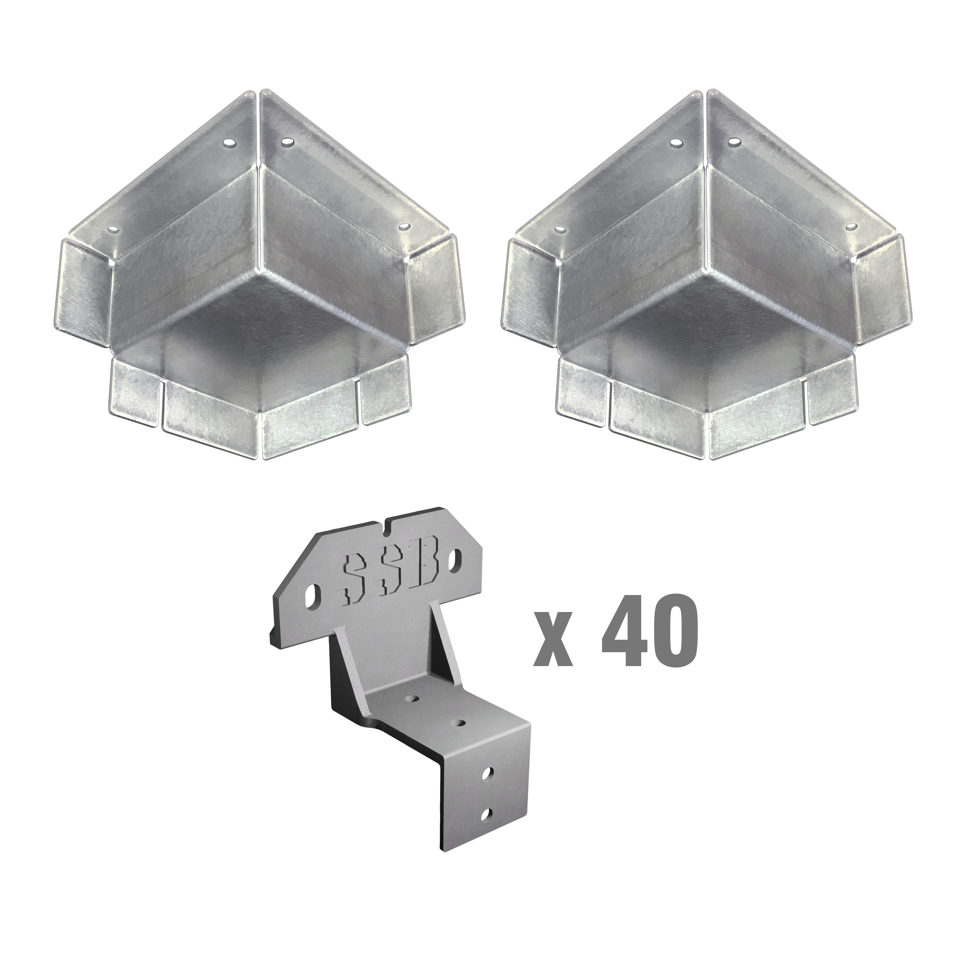 Image displaying composite steel stud brackets and corner casting covers with “x40” label, indicating quantity included in the kit for shipping container interior framing.
