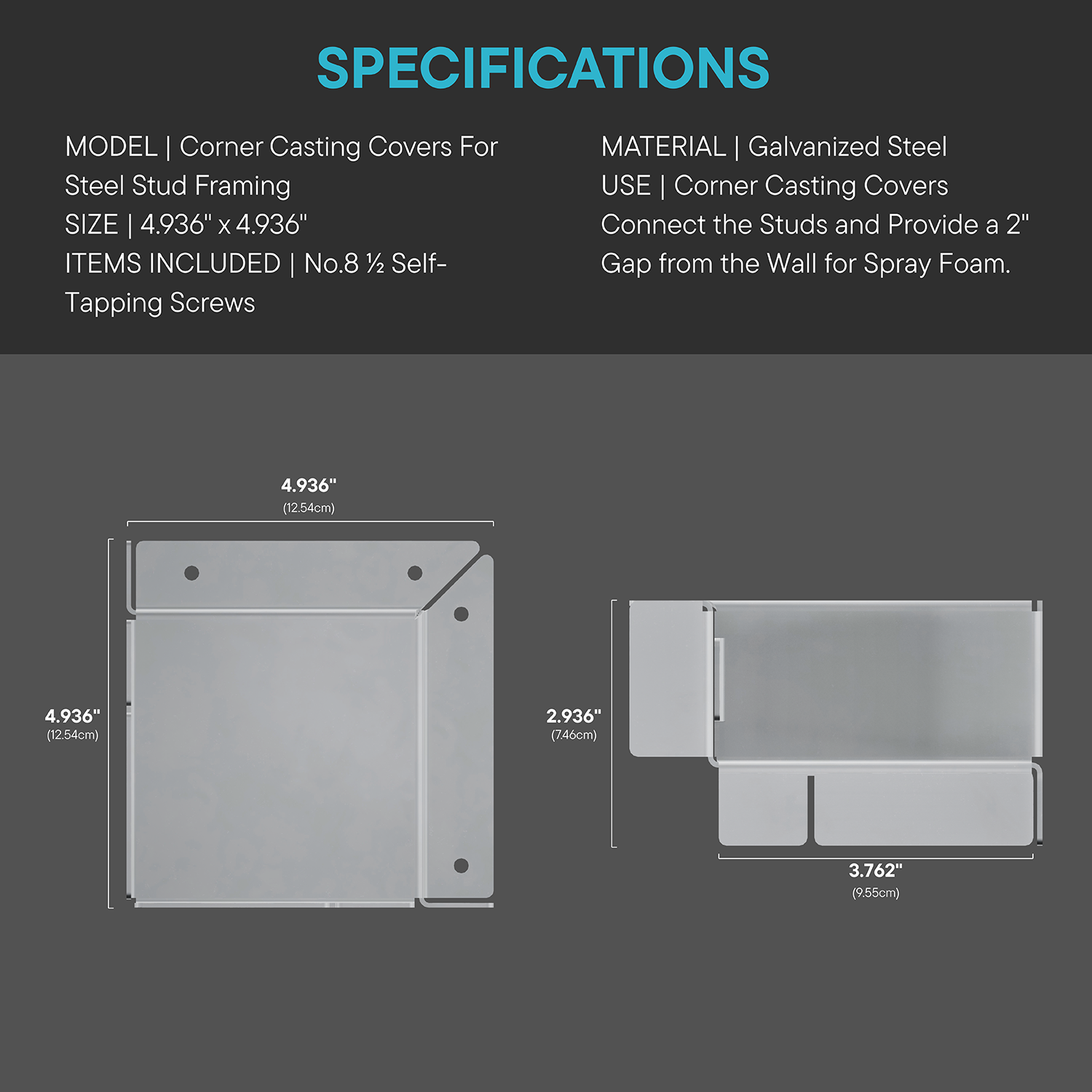 2 Corner Casting Covers For Steel Stud Framing (Steel Stud Brackets Not Included)