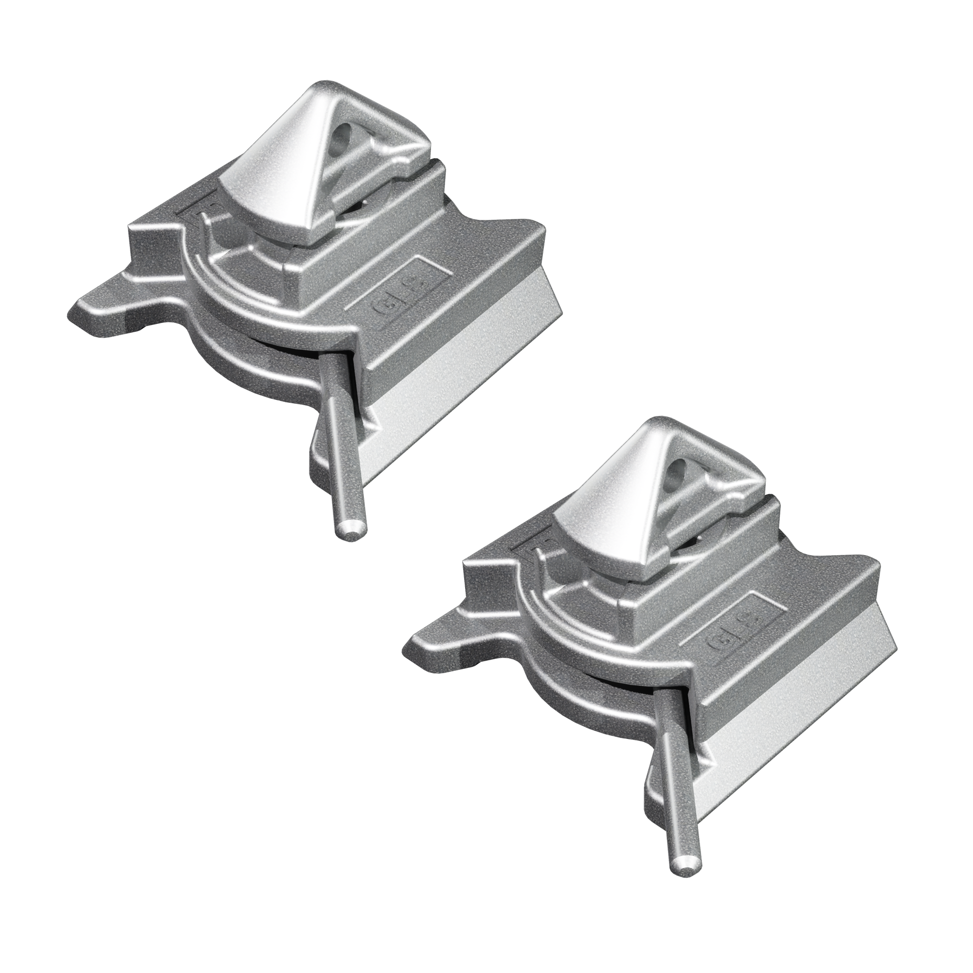 A pair of silver-colored dovetail deck mount twist locks with a flat base design.
