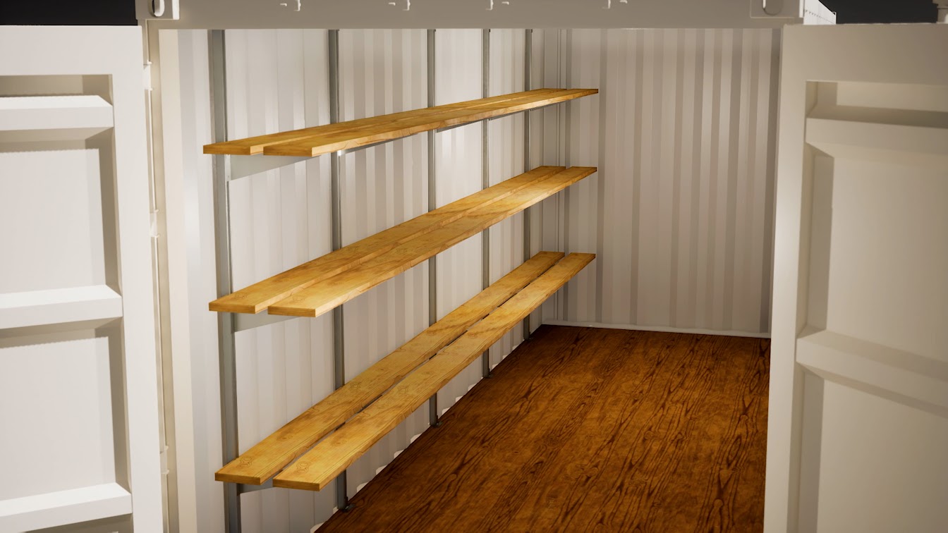 Interior of a shipping container with three levels of wooden shelving supported by galvanized bolt-on brackets mounted to vertical strut channels.