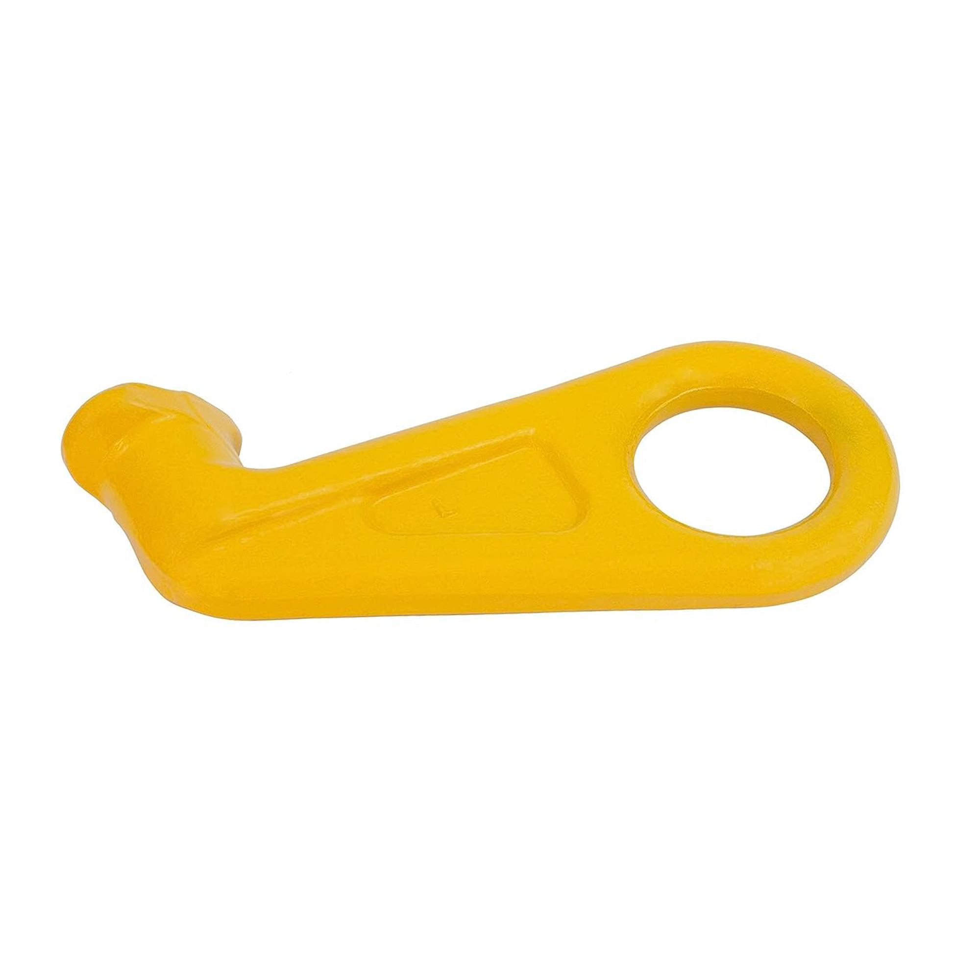 Yellow G80 shipping container lifting hook with left-turn 45° angle, used for attaching to ISO corner castings for angled lifting operations with cranes or rigging systems.
