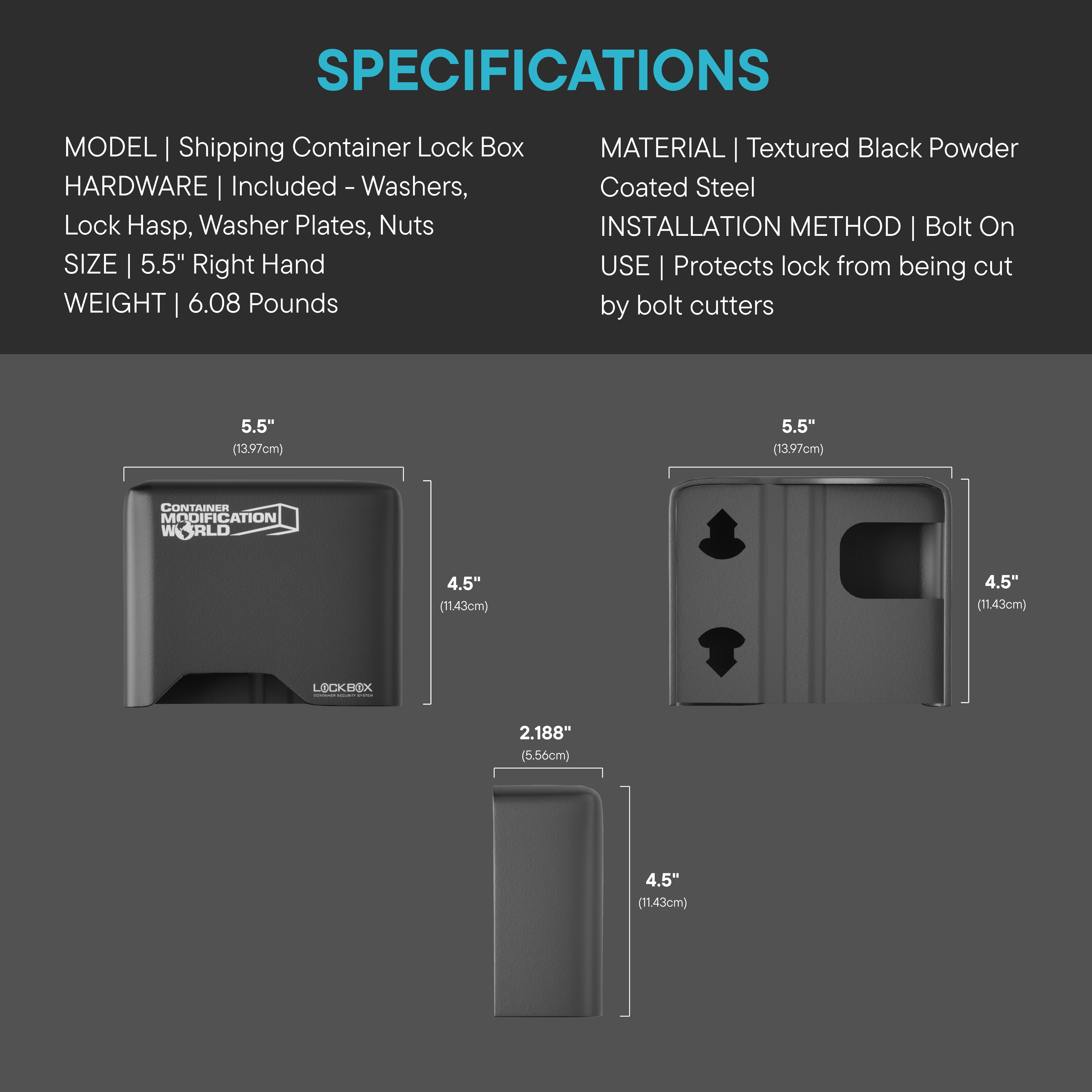 Product specifications for a shipping container lock box with dimensions and material details.