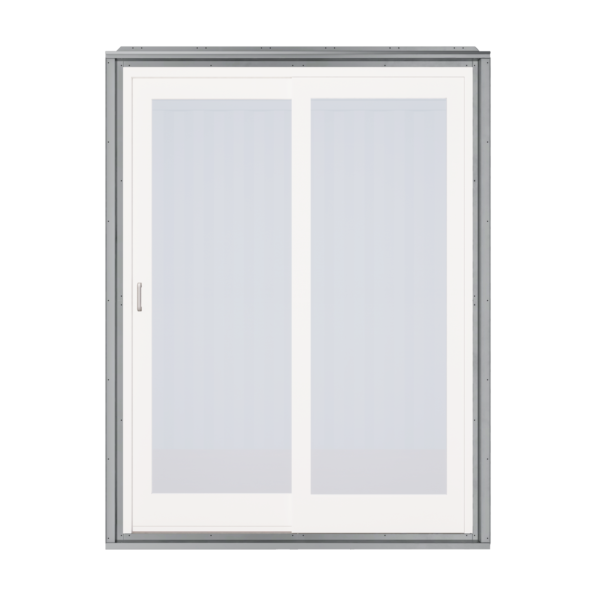 Sliding patio door set including galvanized steel frame and glass door, designed for seamless integration with shipping container sidewalls