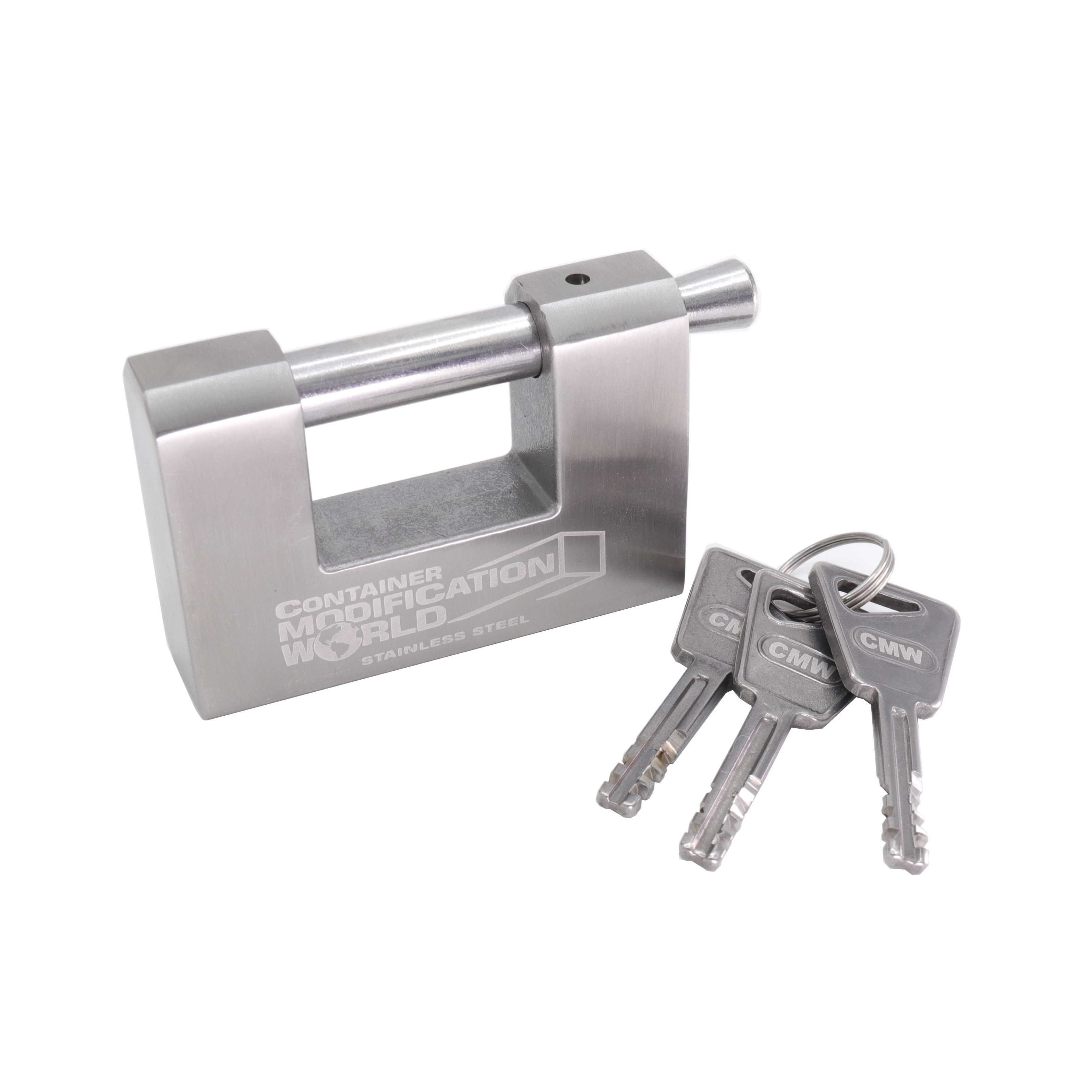 CMW stainless steel high-security padlock with three unique keys, designed for shipping containers and storage units; features a shrouded shackle for maximum cut and corrosion resistance.