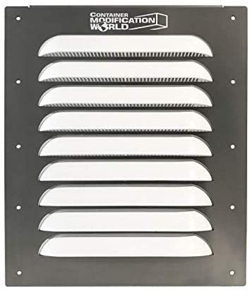 Close-up view of the BigAir 45 Louvered Container Vent featuring a rust-resistant aluminum frame and horizontal louvers, branded with the Container Modification World logo.