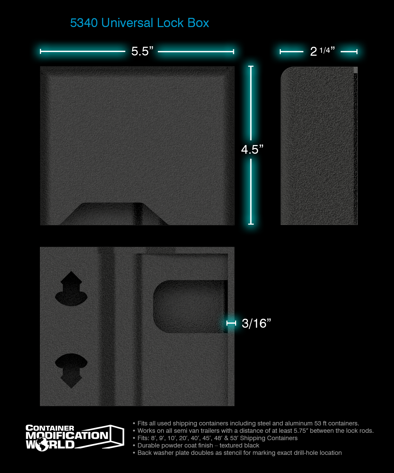 Technical diagram of the 5340 Universal Lock Box with dimensions labeled (5.5" wide, 4.5" tall, 2.25" deep, 3/16" thick), designed for shipping containers and semi van trailers. Includes Container Modification World branding and usage specs.