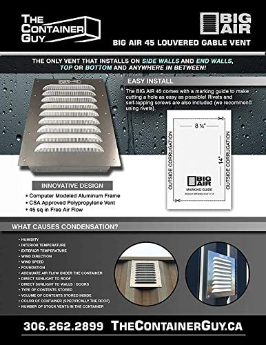 Promotional flyer for the Big Air 45 Louvered Gable Vent by The Container Guy, featuring vent image, cutting guide, key features like CSA approval and polypropylene construction, condensation factors, and installation use cases.