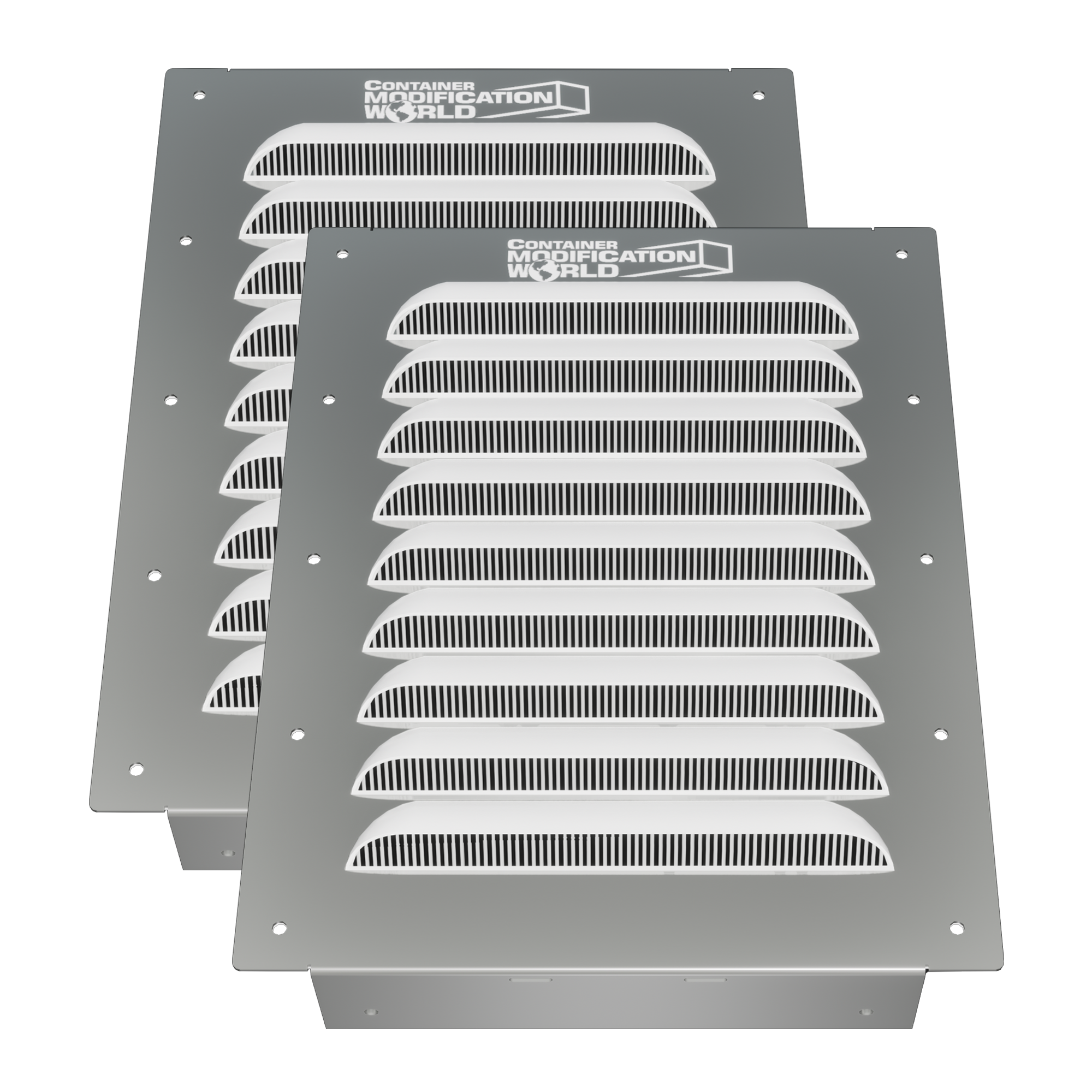 Set of two BigAir Louvered Container Vents with corrosion-resistant aluminum frame, designed for easy installation on shipping container walls, doors, or end panels to improve airflow and reduce heat and moisture