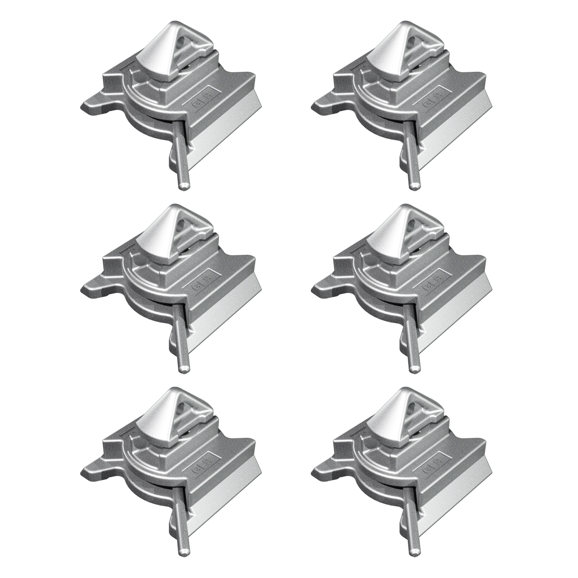 Set of six Dovetail Deck Mount Twist Locks made from hot-dipped galvanized carbon steel. Features a flat base and manual locking lever for secure welding to decks or foundations for container transport or storage.