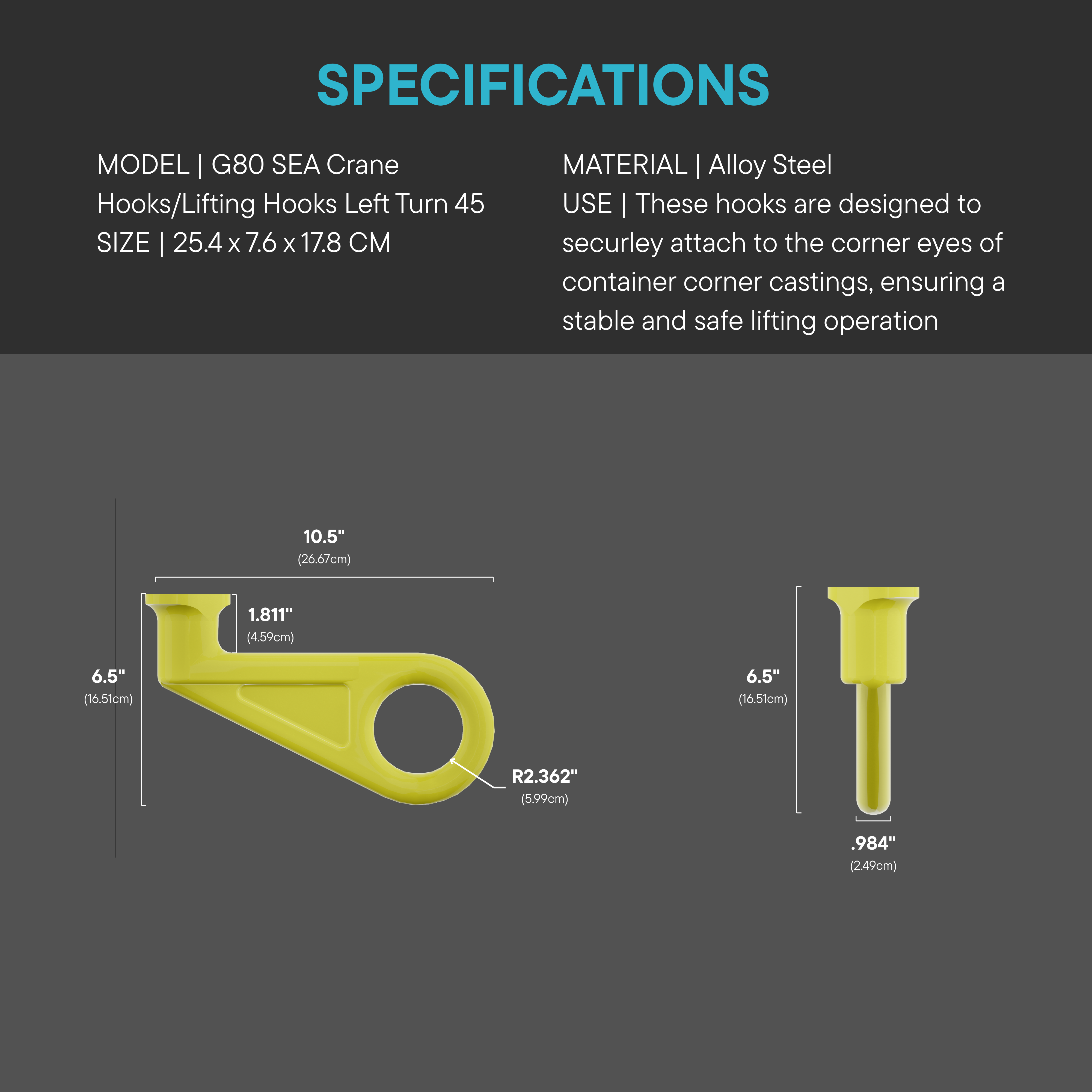 Dimensional diagram of G80 SEA Crane Hook (Left Turn 45°) made from alloy steel, displaying front and side views with measurements for safe lifting via container corner castings.

