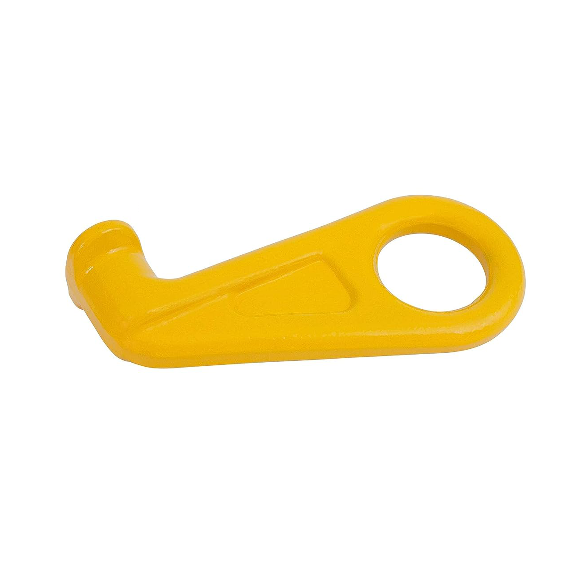 Yellow G80 shipping container lifting hook with straight lift design, used for vertical hoisting by attaching to ISO container corner castings.