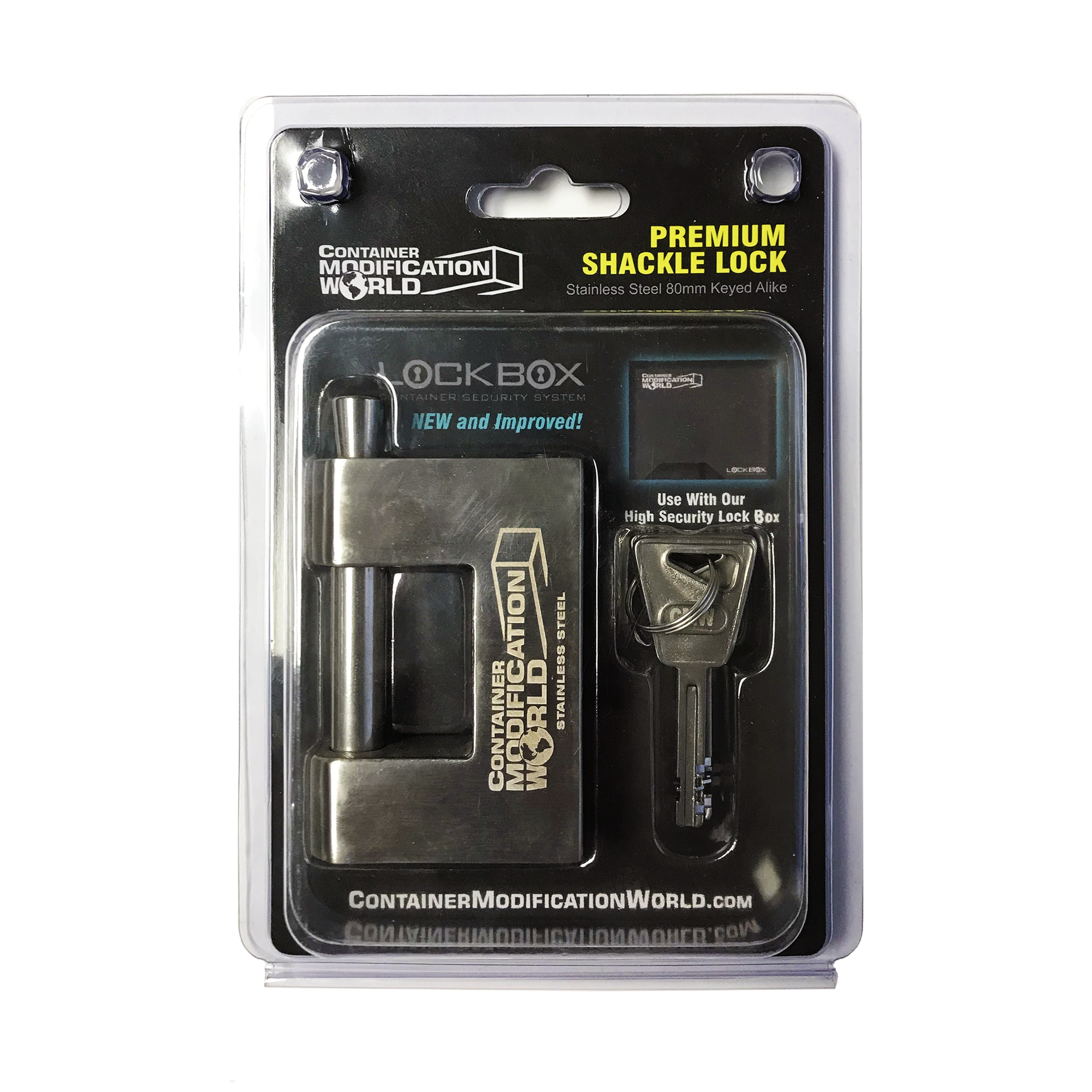 Premium 80mm stainless steel shackle lock by Container Modification World, packaged with high-security key, labeled for use with shipping container lock boxes.