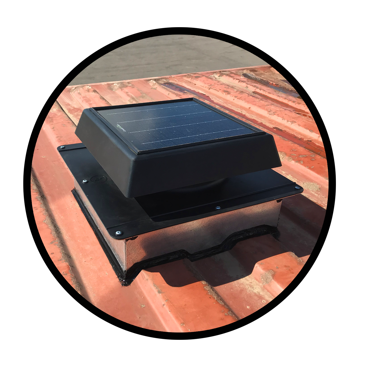 Canada Go Green 4 Seasons Solar Vent installed on a corrugated shipping container roof. Features a 10W solar panel and custom flashing for secure mounting and optimal airflow.