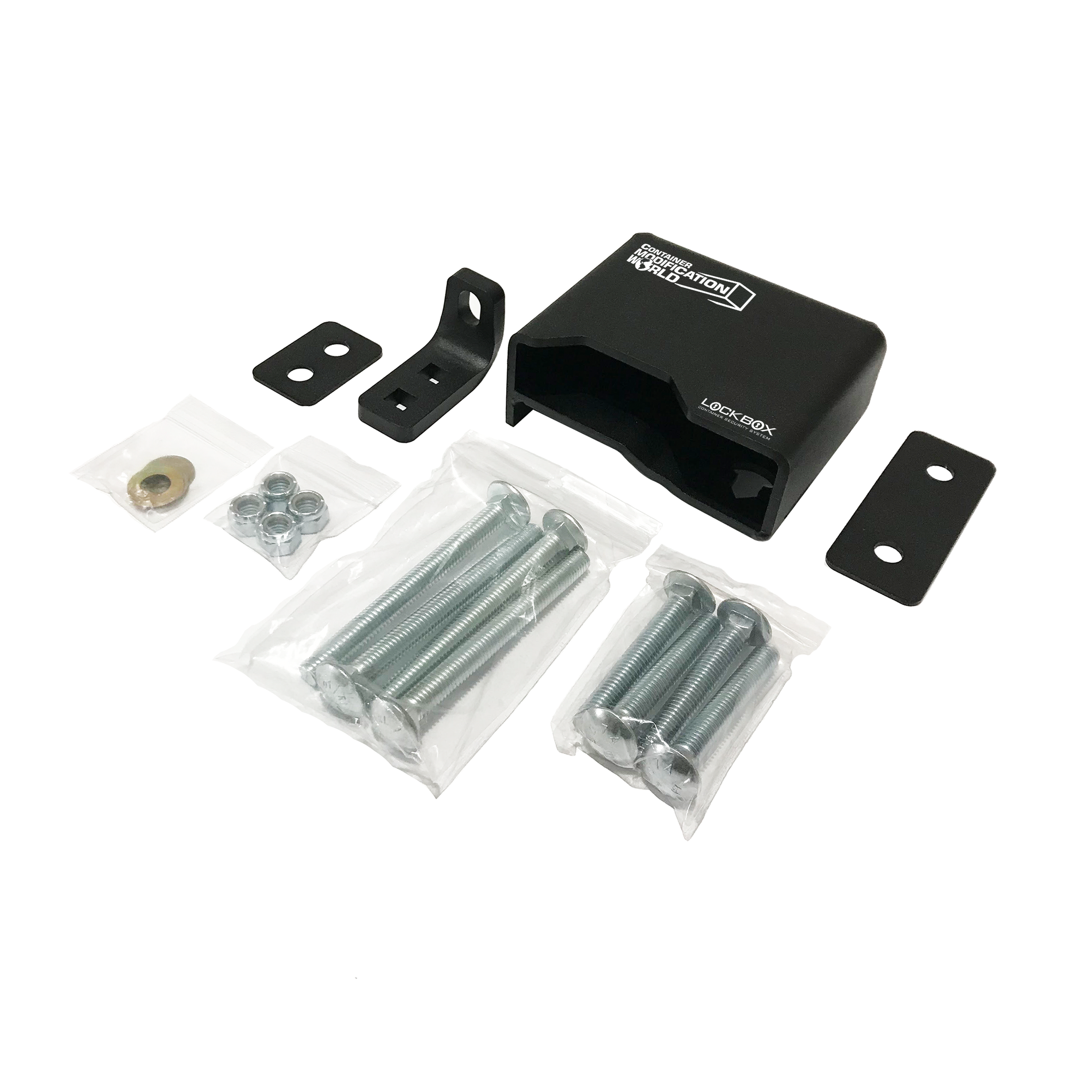 Right Hand Container Lock Box Kit with powder-coated black lock box, laser-cut steel mounting plates, Grade 5 carriage bolts, washers, and nuts — fits 20', 40', and 53' shipping containers and van trailers
